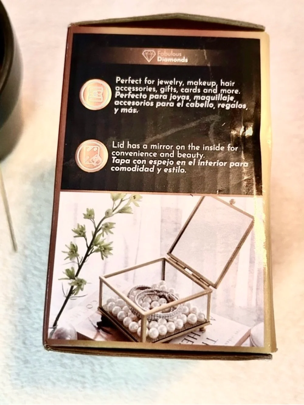 Fabulous Diamond Gold and Glass Jewelry Trinket Box Mirror 4” x 4” x 2.5” NEW